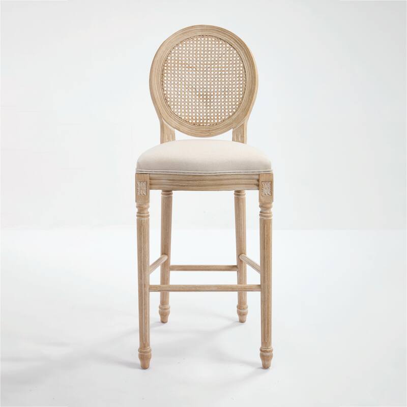 Set of 2 French Country Dining Chairs, Upholstered with Natural Rattan Round Back