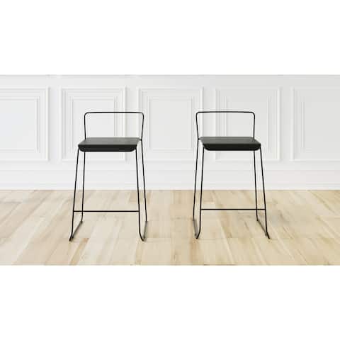 Robbie 2-Pack Modern Industrial Iron Bar Stool With Wood Seat (Black)