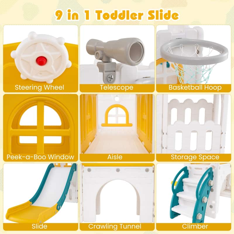 9 in 1 Toddler Slide and Climber Playset with Basketball Hoop Tunnel and Storage Indoor Outdoor Playground for Kids