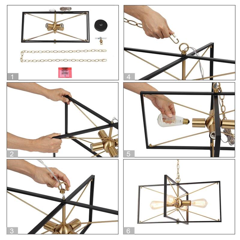 Modern 4-Light Black Gold Chandelier Square Pendant Light for Dining Room - 23.5" L x 22.5" W x 13" H