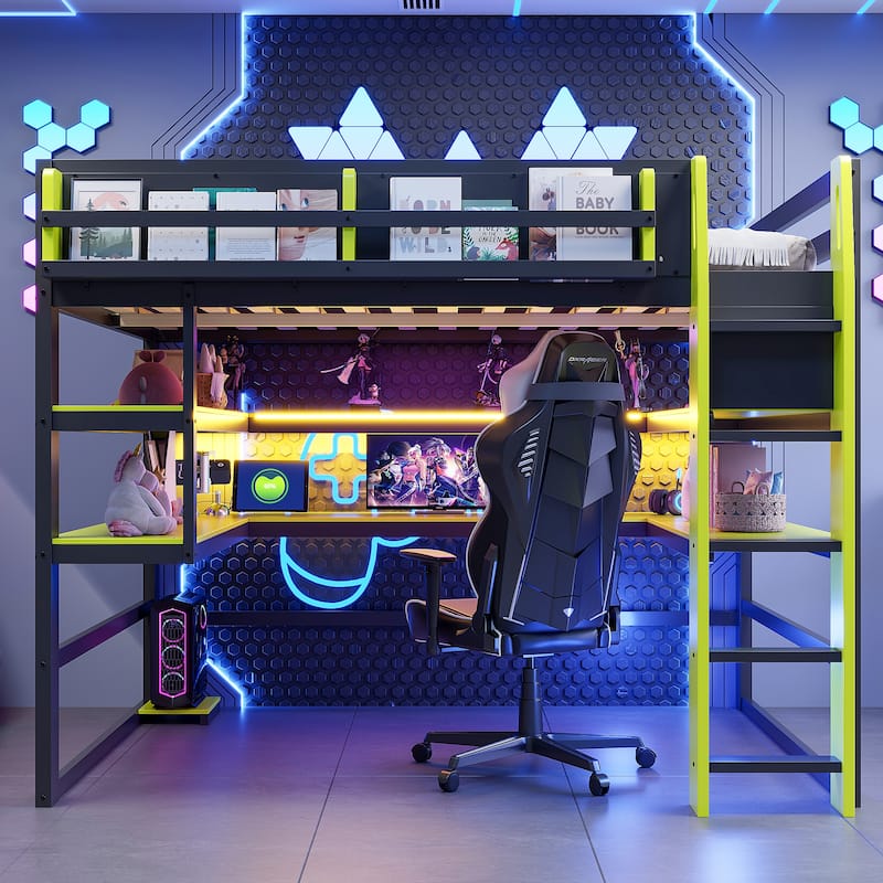 Loft Bed with Wraparound Study Hub, Side Storage Rack, USB Charging & RGB Light by Harper&Bright Designs