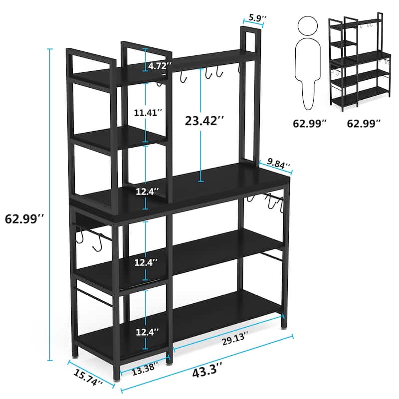 43 inch Kitchen Bakers Rack with Microwave Stand 5-Tier Kitchen Utility Storage Shelf Rack and10 Hooks for Kitchen Living Room