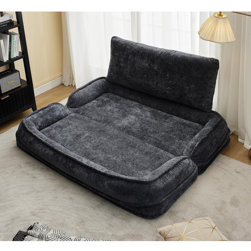 Pet Friendly Lazy Loveseat Sofa 2-in-1 Chenille Floor Couch Double Human Sleeper Bed with 5 Adjustable Position, Plump Pillows