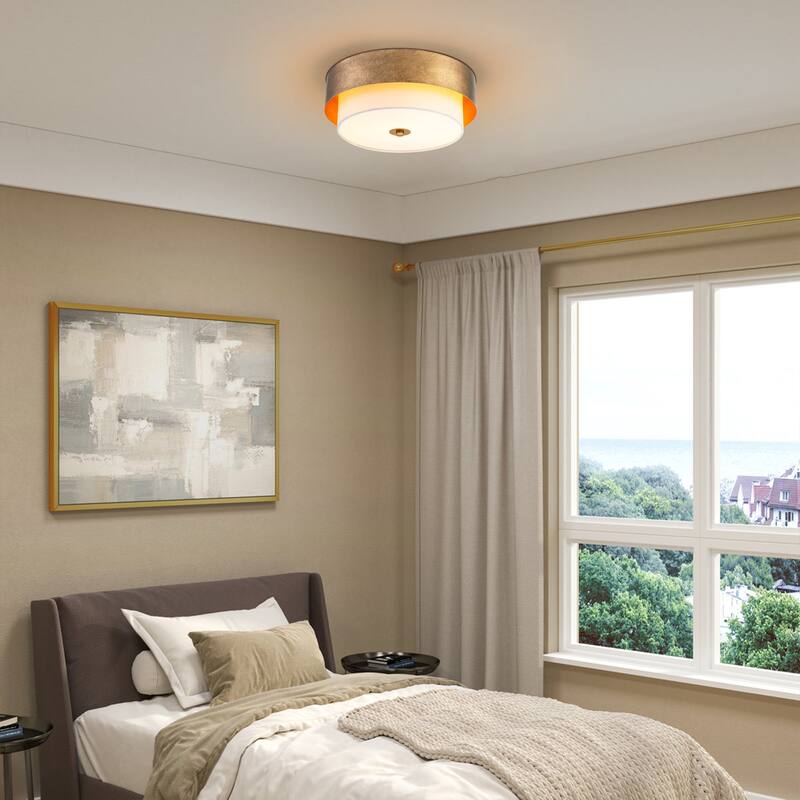 13.8" W Mid-Century Modern Tiered Flower/Circluar Drum Ceiling Light in Distressed Stain Gold with White Fabric Shade