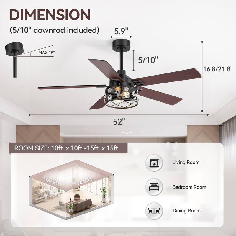 52" Reversible 5-Blade Farmhouse Glam Floral Glass Caged Ceiling Fan with Light and Remote
