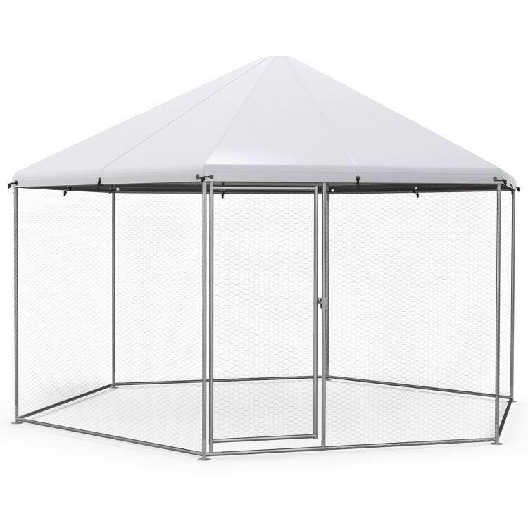 13FT Large Metal Hexagonal Chicken Coop with Wire Mesh and Lockable Door