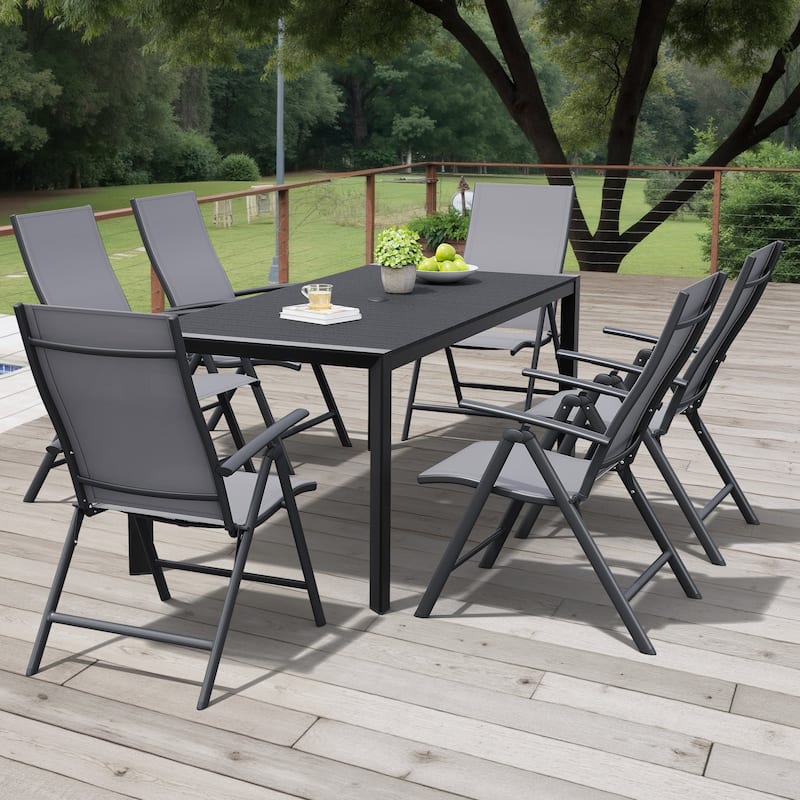 7PCS Set Outdoor Aluminum Patio Dining Table with Umbrella Hole and Folding Dining Chairs