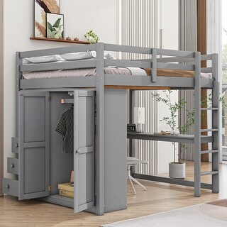 Full Size Loft Bed with Wardrobe, Desk, Shelves, Drawers, Grey, Wood Frame