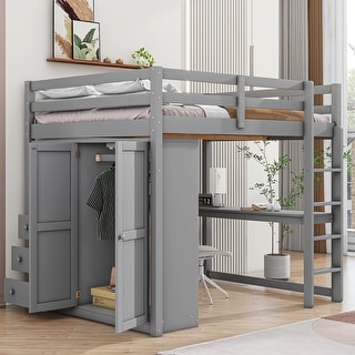 Wood Full Size Loft Bed w/Built-in Wardrobe, Desk, Storage Shelves