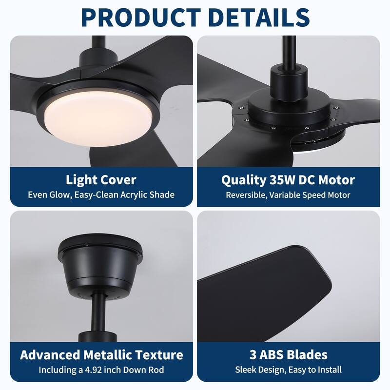 52 Inch Outdoor Waterproof Black Ceiling Fan with Light, IP66 Rated, Quiet Reversible DC Motor, 6 Speeds