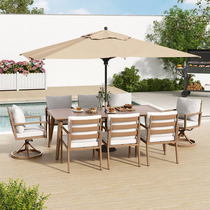 Riviera 9-Piece Brown Aluminum Patio Dining Set with Rectangular Table, 2 Swivel Dining Chairs and Light Gray Cushions