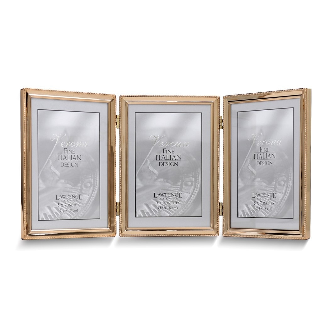 Curata Gold Tone Portrait Hinged Polished Beaded 5x7 Triple Photo