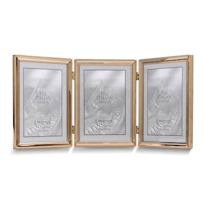 Curata Gold-Tone Portrait Hinged Polished Beaded 5x7 Triple Photo Frame