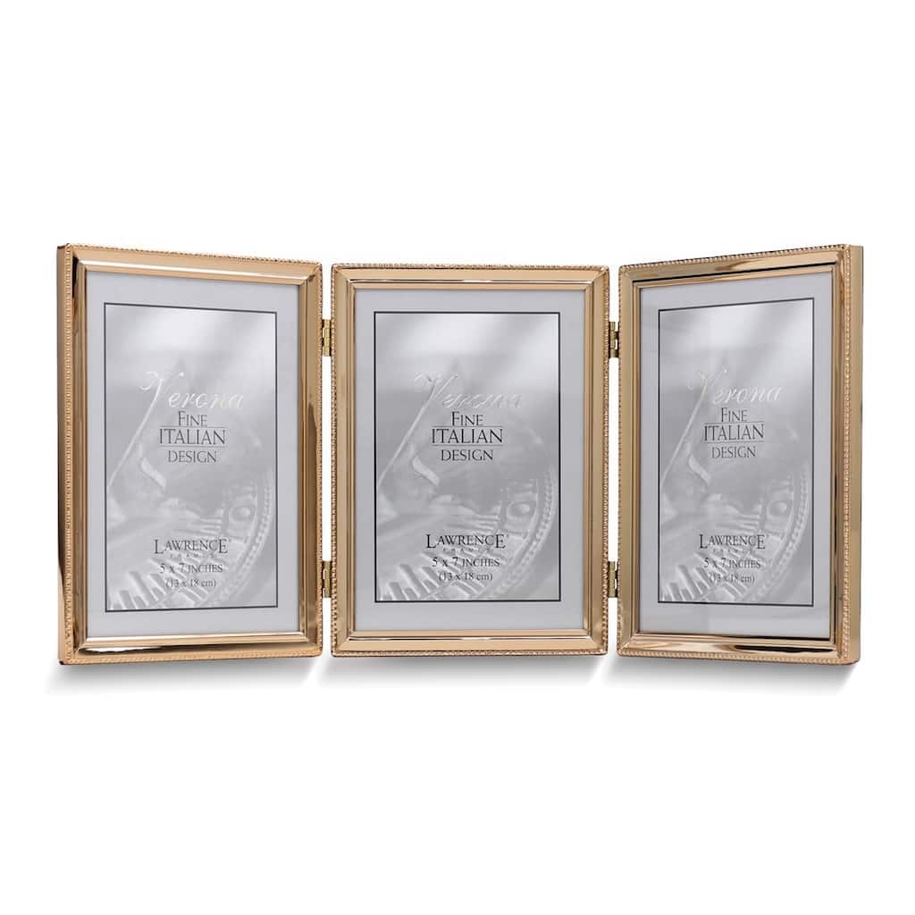 Curata Gold-Tone Portrait Hinged Polished Beaded 5x7 Triple Photo Frame