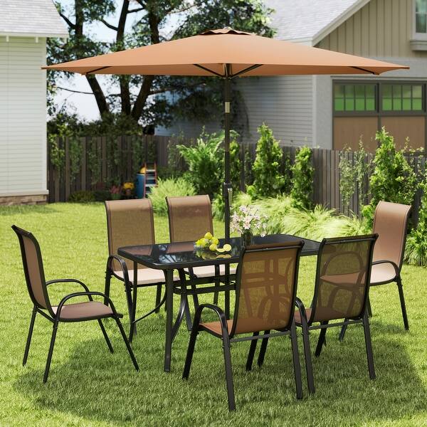 Outsunny 8 Pieces Patio Table and Chairs Set with 9 Ft Patio Umbrella, Outdoor Dining Set with 4.6 Ft Dining Table and 6 Chairs - Brown