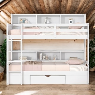 Modern Twin Over Twin Bunk Bed With Built-in Shelves Beside Both Upper And Down Bed And Storage Drawer for Bedroom