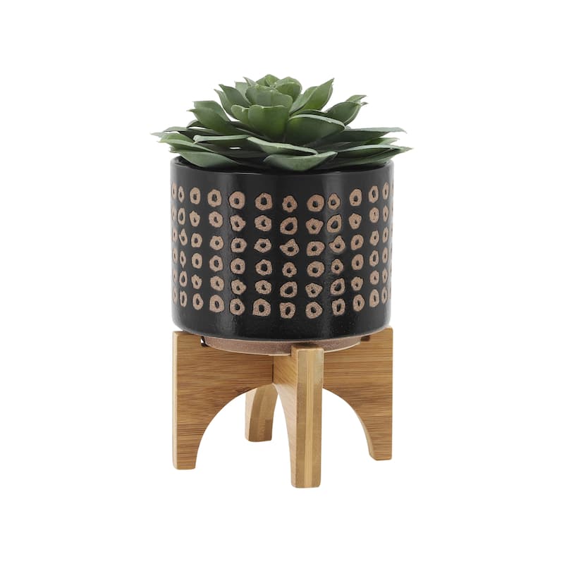 Sagebrook Home Neutral Tan and Brown Ceramic Dotted Planter with Wood Stand Indoor Outdoor