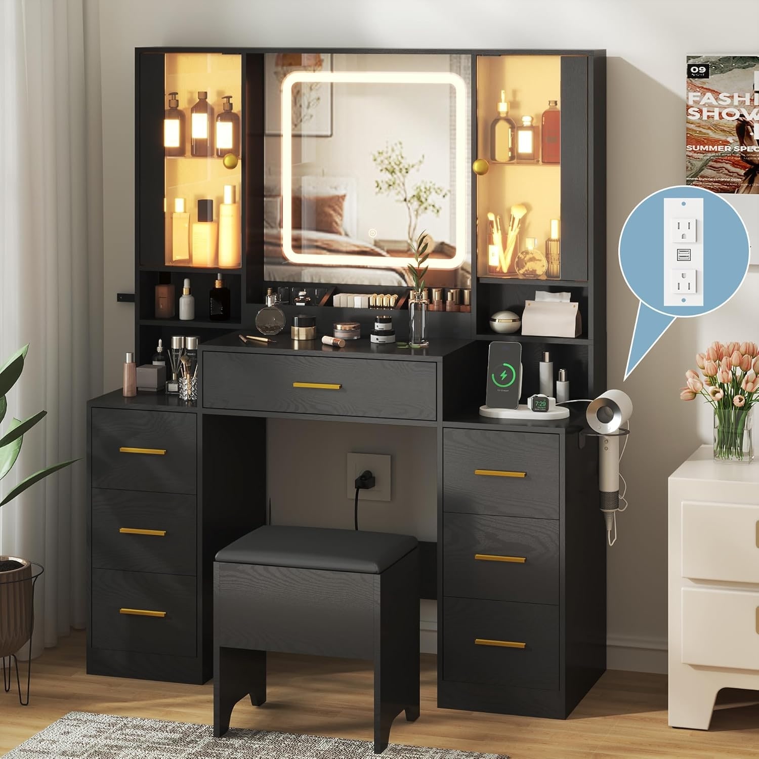 LED Illuminated Makeup Vanity Desk with Mirror, Glass Cabinets, 7 Drawers, and Charging Station