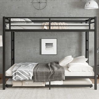 Black Metal Queen Over Queen Bunk Bed Frame with Trundle, 2 Side Ladders and Guardrails for Kids Teens