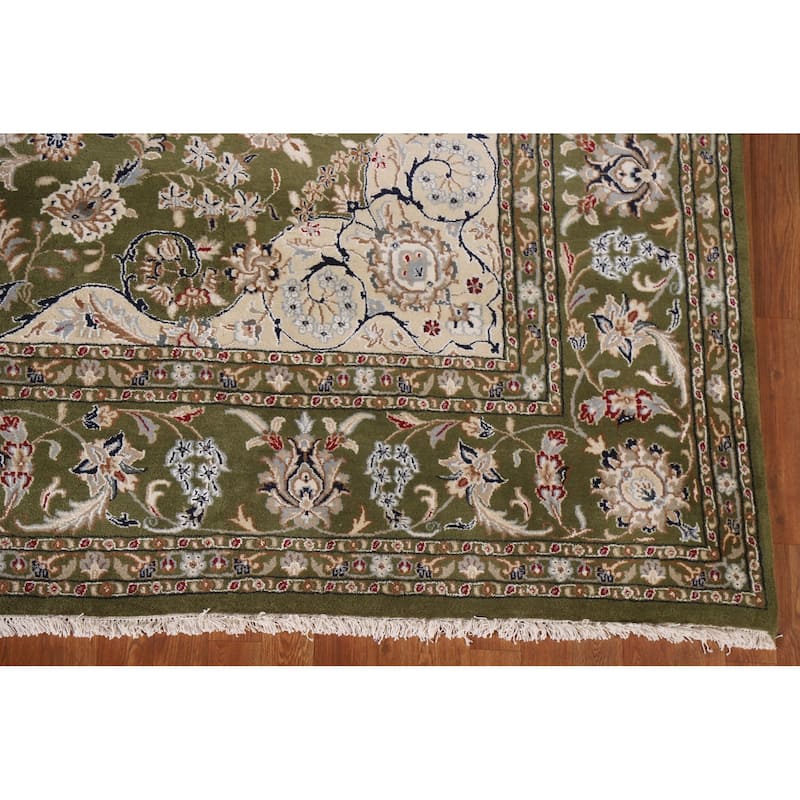 Traditional Green Kashan Oriental Area Rug Floral Wool & Silk Carpet - 9'0"x 12'0"