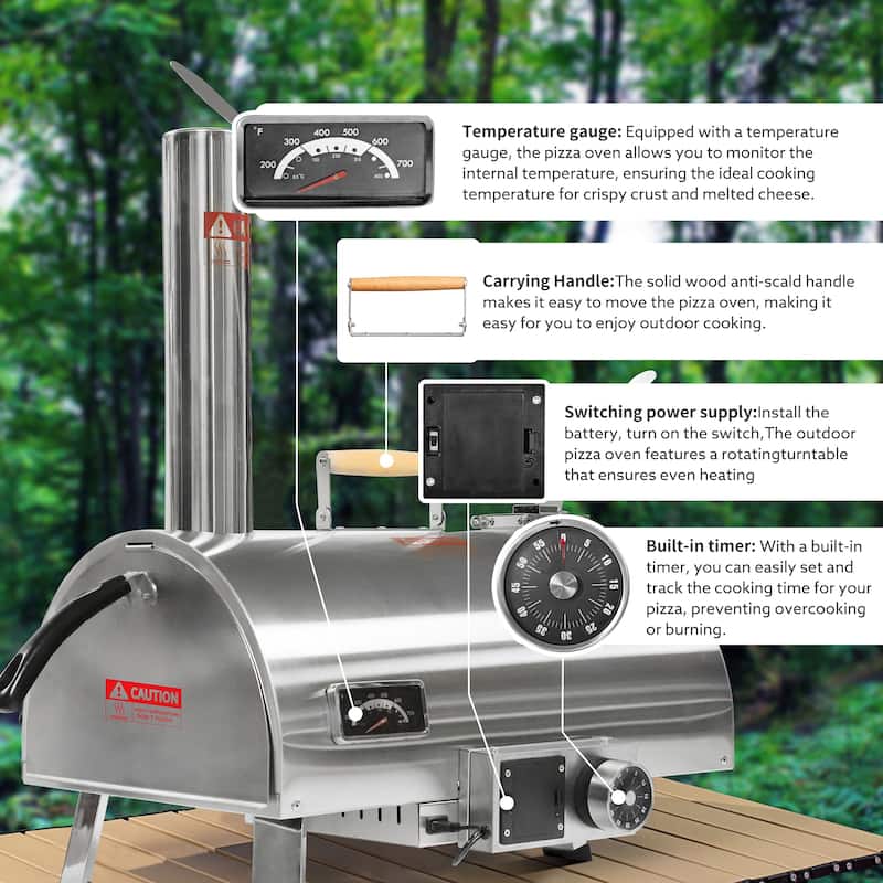 Outdoor Portable 12" Automatic Rotatable Wood Fired Pizza Ovens, with Built-in Thermometer Pizza Cutter Carry Bag