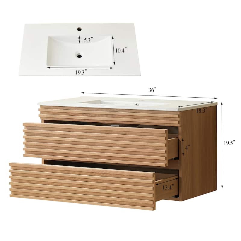 GDFStudio - Modern 36" Wall-Mounted Floating Bathroom Vanity with Integrated Ceramic Basin & Soft-Close Drawers, Fully Assembled
