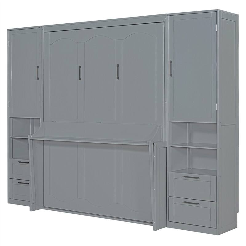 Queen Size Murphy Bed Wall Bed with 2 Wardrobes and 4 Storage Drawers, Foldable Murphy Cabinet Bed w/Open Storage Shelves& Stool