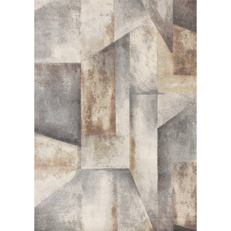 Amelia Collection - Dense Geometric Blue Grey Brown Area Rug - 5'3" x 7'7"