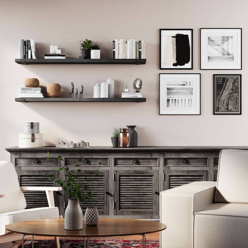 Wallniture Forte Wood Board 60" Long, 9.25'' Deep, 1.5" Thick, Floating Wall Shelf, Hanging Bookshelf, Kitchen, Ebony, 1Pc