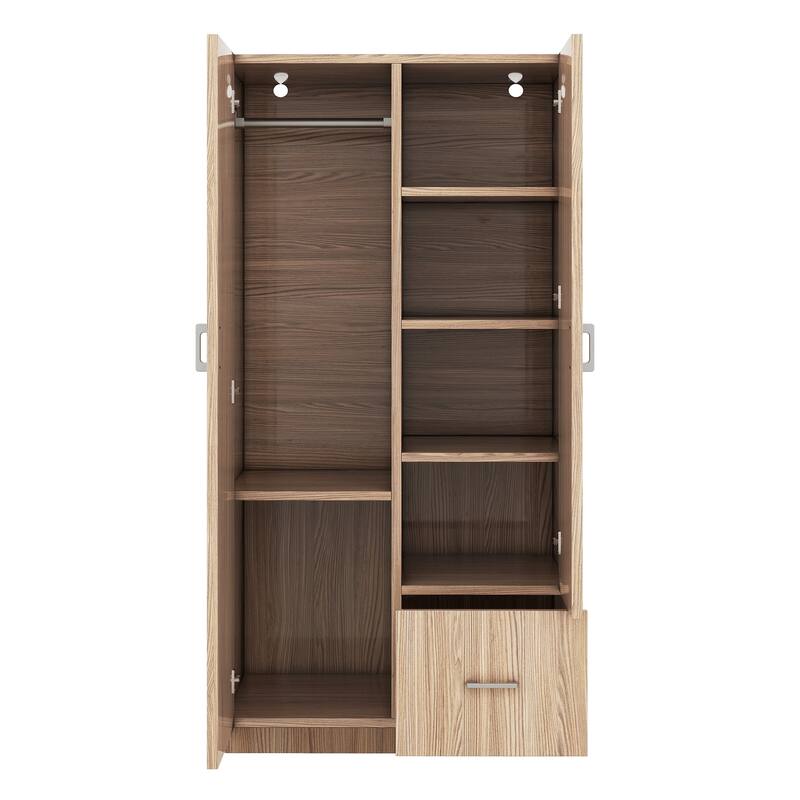 Wooden Floor Wardrobe with Double Doors, Modern Armoire with 5 Fixed Shelves, Storage Drawer Built-in Hanging Rod for Bedroom