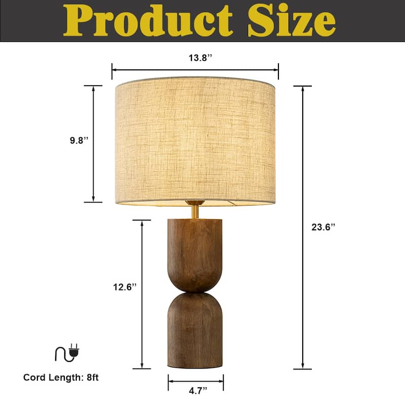 24'' Vintage Honey Brown Wood Bedside Table Lamp Classic Round Nightstand Lamp with Beige Fabric Shade for Bedroom - W14''