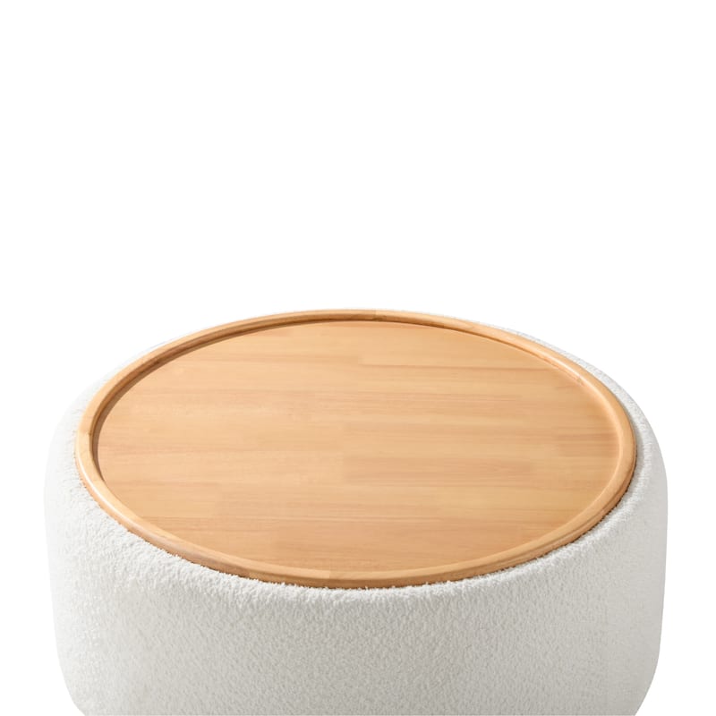 Roomfitters 29 Inch Round Storage Ottoman with Reversible Wooden Tray Top, Upholstered Coffee Table for Living Room