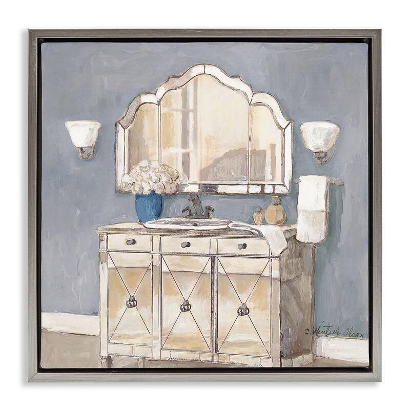 Stupell Traditional Bathroom Sink & Mirror Framed Floater Canvas Wall Art Design By Charlene Olson - 25 x 25 - Grey