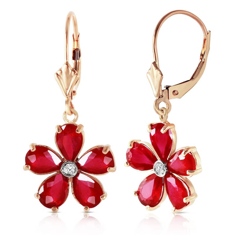 14K Solid Gold Leverback Earrings w/ Natural Rubies & Diamonds