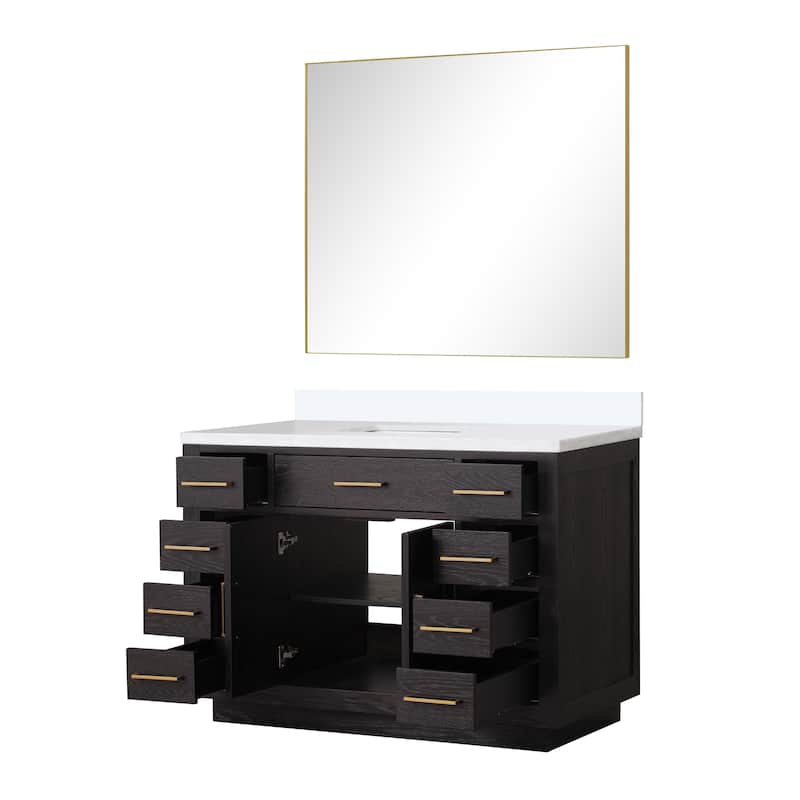 Abbey 48 in W x 22 in D Black Oak Single Bath Vanity, White Quartz Top, and 46 in Mirror