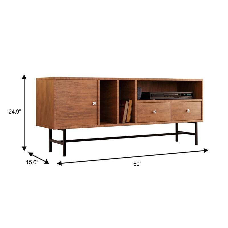 Rochester Multifunctional 60" Modern Wood TV Stand with 2 Drawers, Open Shelves, Enclosed Cabinet, and Powder Coated Steel Legs