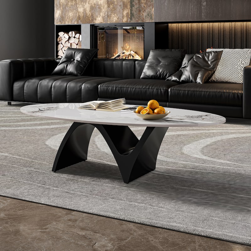 51.18" Modern Oval Coffee Table, Glossy Sintered Stone Table top, N-Shaped Carbon Steel Leg - Marble/Slate - White