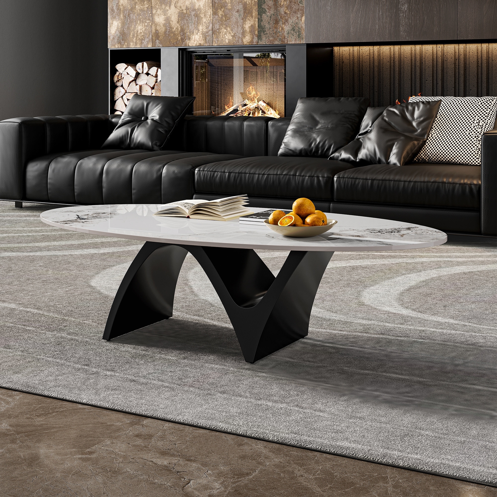 51" Modern Oval Coffee Table, Glossy Sintered Stone Table top, N-Shaped Carbon Steel Leg