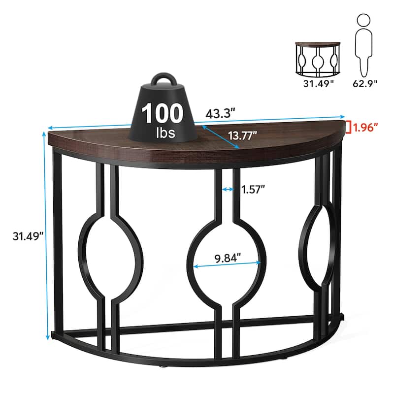 43" Half Moon Console Table for Entryway, Industrial Semi Circle Sofa Table with Geometric Base