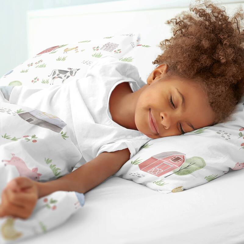 Farm Animals Collection Boy Girl 3-piece Full / Queen-size Comforter Set - Watercolor Farmhouse Lattice Horse Cow Sheep Pig