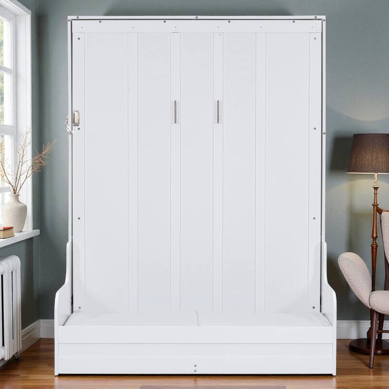 Queen Size Murphy Wall Bed with Folding Cushion Chair, Space-Saving Cabinet Bed for Guest Room or Home Office