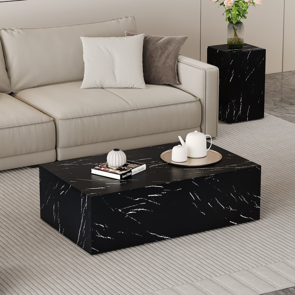 Roomfitters Black Marble MDF Coffee Table, 39.3"x23.6"x11.8" Modern Rectangular Accent Table for Living Room