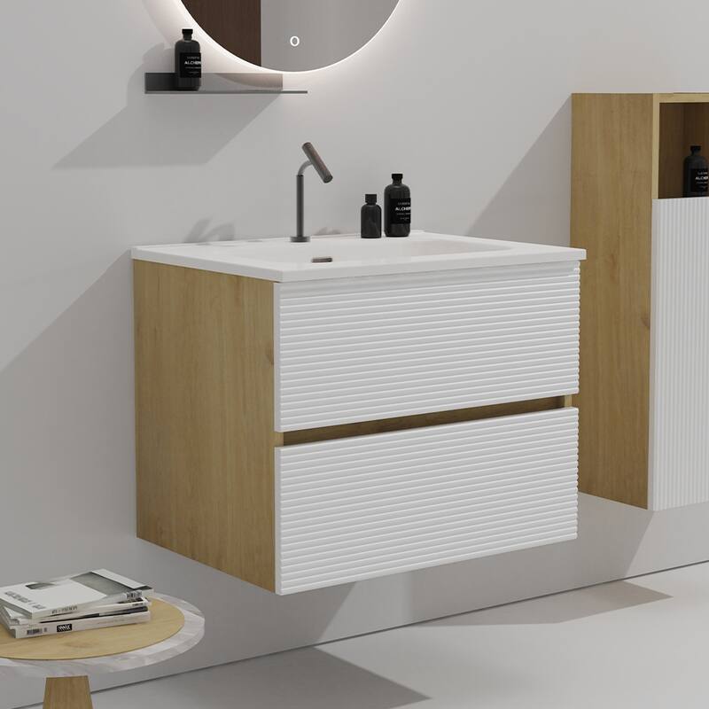 GDFStudio - Gloria Floating Bathroom Vanity with Integrated Ceramic Sink and Soft-Close Storage - White + Light Oak - 24"
