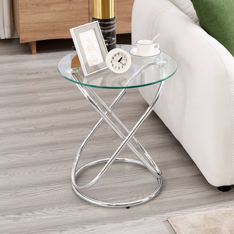 Tempered Glass Round Side/End Table with Metal Legs - 19.7"Dia Top x 21.7"H x 15.6"Dia Base