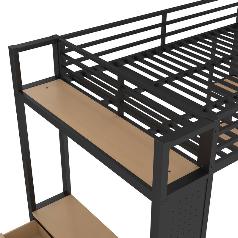 Modern Full Metal Loft Bed with Integrated Closet, Open Shelves, Pegboard and Storage Drawers, Safety Guardrails & Sturdy Ladder