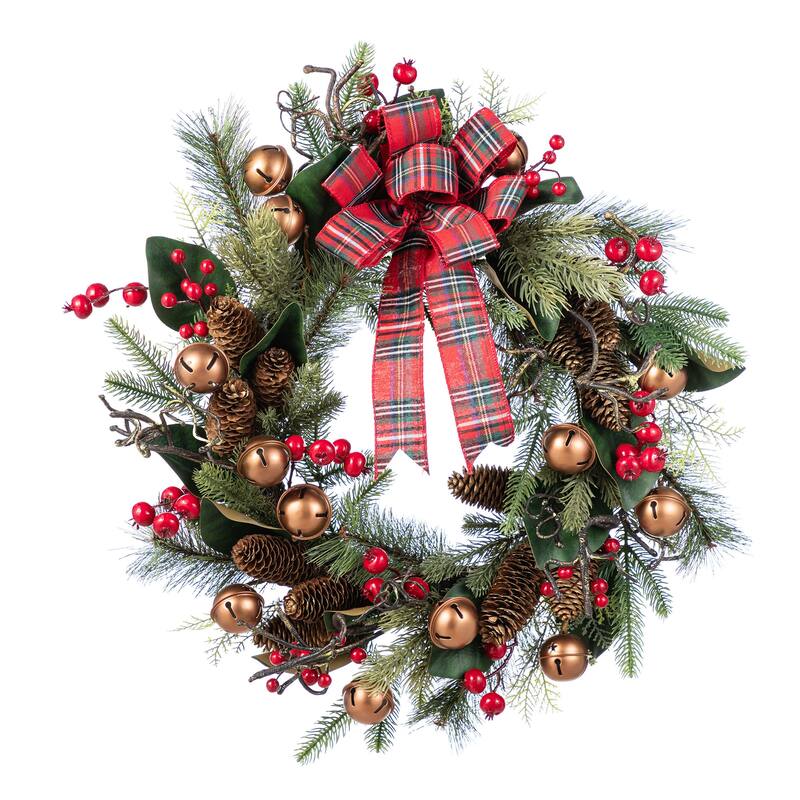 Glitzhome Christmas Bell Pinecone & Berry Bow Wreath Teardrop Garland Wall Decor - 1-Piece Wreath