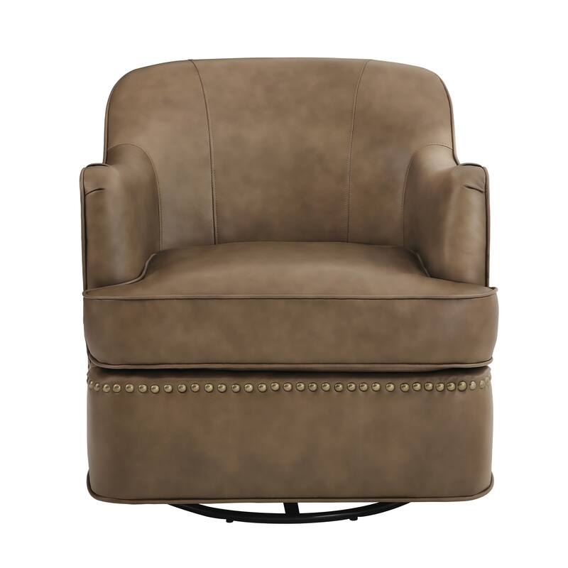Modern Genuine Leather 360° Swivel Upholstered Accent Barrel Chair with Metal Base for Living Room