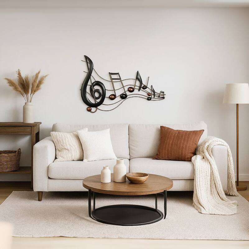 26 Inch Handmade Metal Wall Mount Accent Decor with Musical Notes and Treble Clef, Black, Red - Bronze