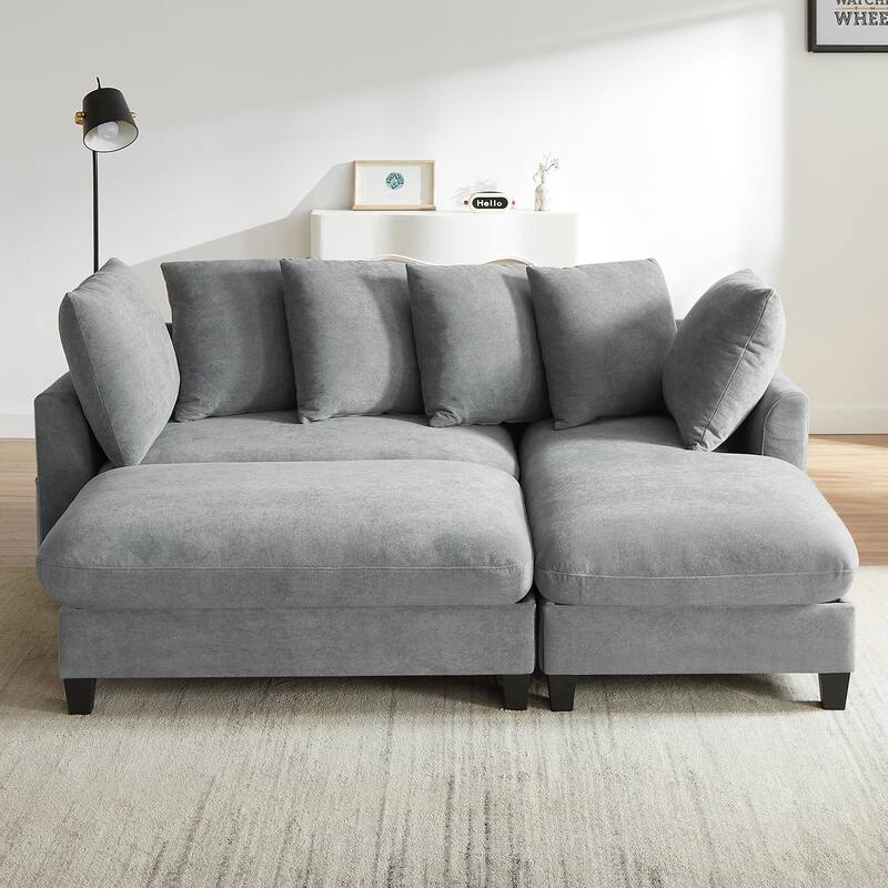 83" L-shaped Sectional Sofa with Storage, Ottoman, Pillows, Grey Chenille for Living Room