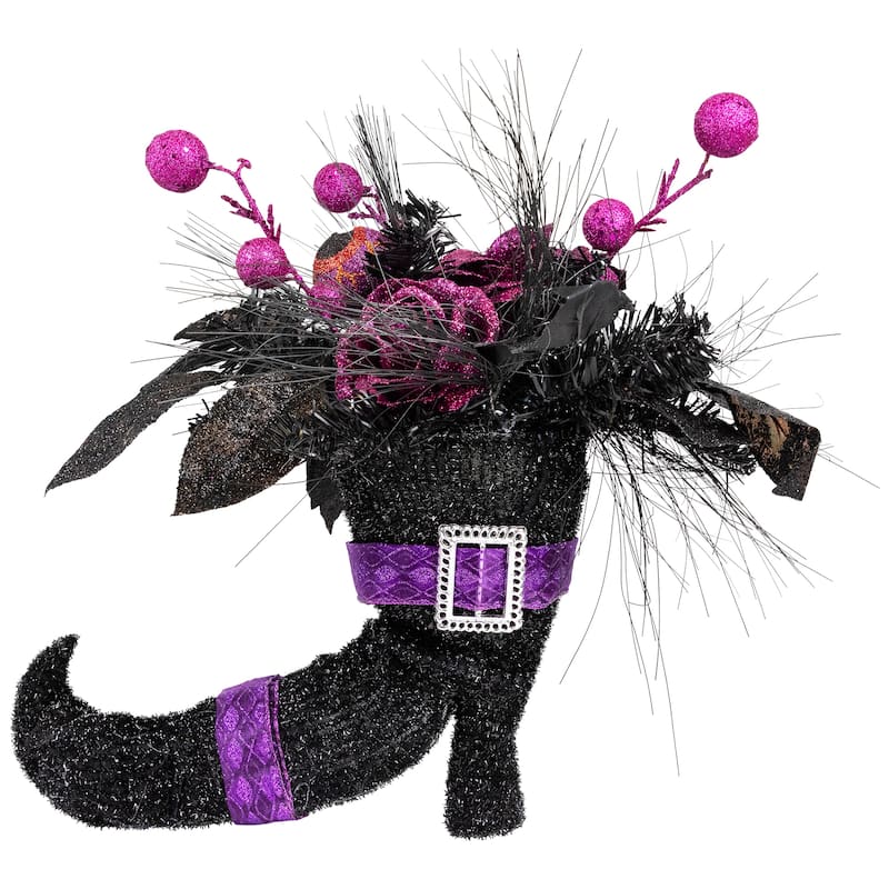 12" Black Witch's Boot Purple Glittered Roses Halloween Decoration